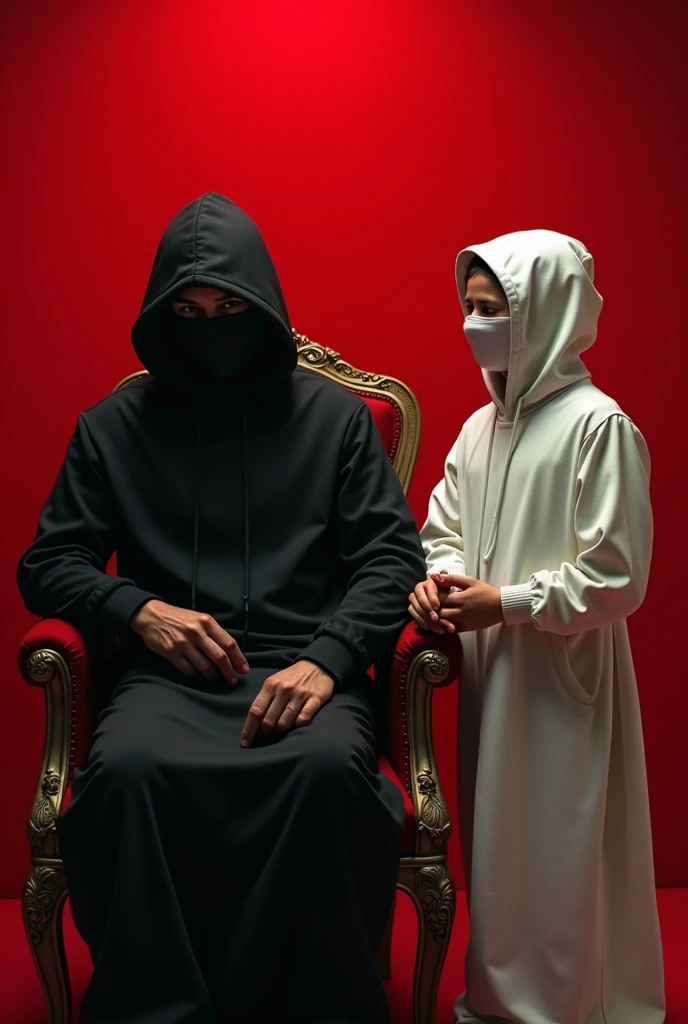  TRAP ALBUM COVER : red wall,  A MAN COVERED IN BLACK CLOTHES ,  WITH A HOOD AND A COVERED FACE ,  Sitting in an elegant chair , NEXT TO HIM STANDS A BOY COVERED IN WHITE CLOTHES WITH A HOOD AND COMPLETELY COVERING HIS FACE,  THE TITLE ON THE COVER IS : "L...