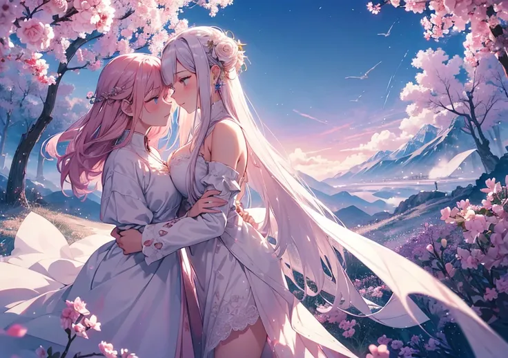 A beautiful girl with pale pink hair, white roses in her hair, sparkling earrings, and a lace dress. With a vast mountain range in the background and the dragon Burnblade flying in the sky, she and the dragon share a moment of connection. The dragons wings...