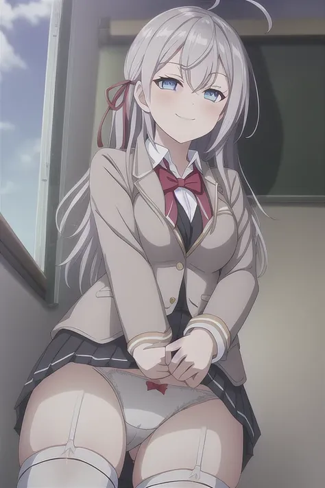 alisa, 1girl,solo,long_hair,looking_at_viewer,blush,smile,bangs,blue_eyes,hair_between_eyes, closed_mouth,school_uniform,jacket,hair_ribbon,white_shirt,ahoge,grey_hair,thighs,pleated_skirt,collared_shirt,indoors,miniskirt,black_skirt,red_bow,white_thighhig...