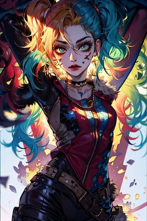   harley quinn, bangs, blue eyes, blonde hair, twintails, blue hair, multicolored hair, choker, gradient hair, makeup, piercing, pink hair, lips, lipstick, red lips, Harley Quinn, 1girl, multicolored hair, blonde hair, black hair, red hair, highlighting, t...