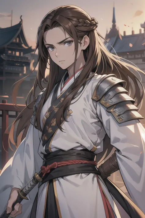 wearing light armor 1guy, (long hair:1.2), hair spread out, (brown hair:1.2), straght hair, (gray eyes), covering ears, (thinking:1.3), (wearing hanfu:1.2), holding sword, An old Chinese castle in the background, close-up, anime, cinematic lighting, cowboy...