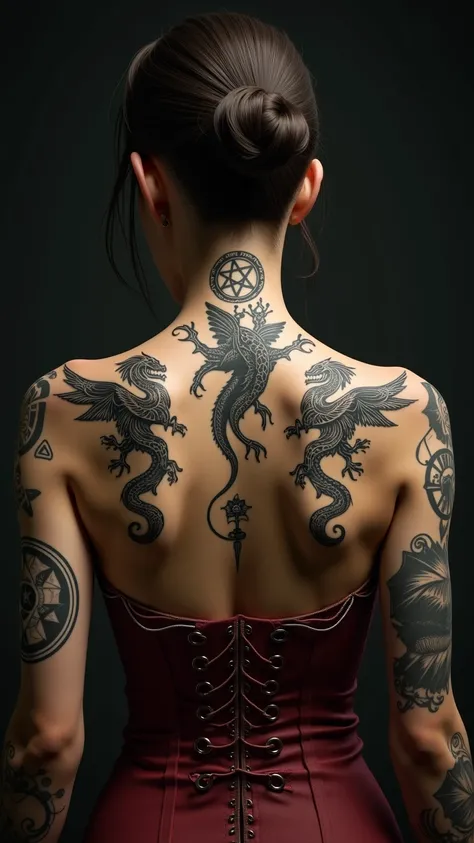 Several tattoos of Wiccan symbols and dragons and witchcraft symbols on the back of the neck of a realistic woman 