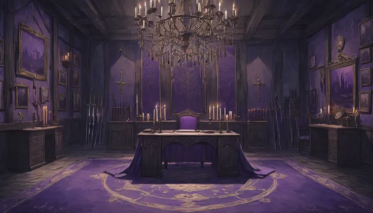 a dimly lit interior of an office, late medieval, no humans, desk with few candles on it facing the screen, behind desk a wall of weapons swords bows and wands covering the entire wall, a dark grey purple motif, a painting of a woman obscured by a purple r...