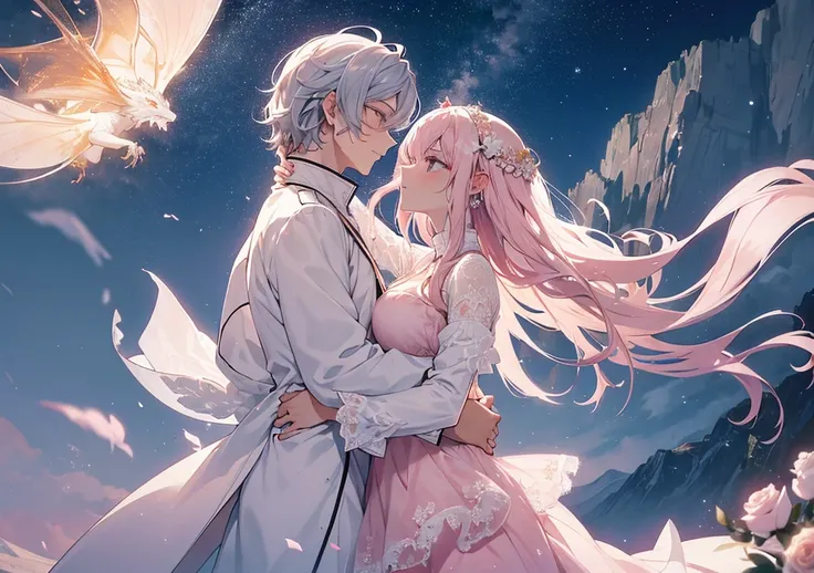 A beautiful girl with pale pink hair, white roses in her hair, sparkling earrings, and a lace dress. With a vast mountain range in the background and the dragon Burnblade flying in the sky, she and the dragon share a moment of connection. The dragons wings...