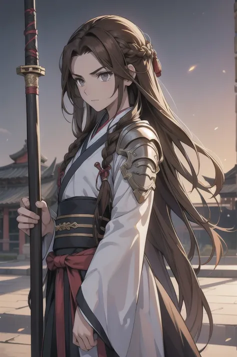 wearing light armor 1guy, (long hair:1.2), hair spread out, (brown hair:1.2), straght hair, (gray eyes), covering ears, (thinking:1.3), (wearing hanfu:1.2), holding sword, An old Chinese castle in the background, close-up, anime, cinematic lighting, cowboy...