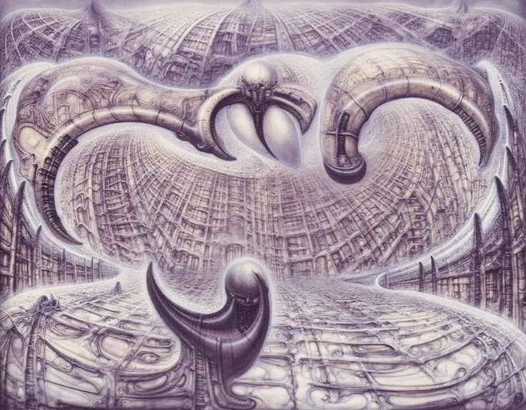 H. R. Gigers g1g3r, Giger_style, The image is detailed view of H.R. Gigers " landscape no 312 " plate, featuring . The artistic manner would be unmistakably Gigeresque. A dark and unsettling beauty would permeate the piece, blurring the lines between fasci...