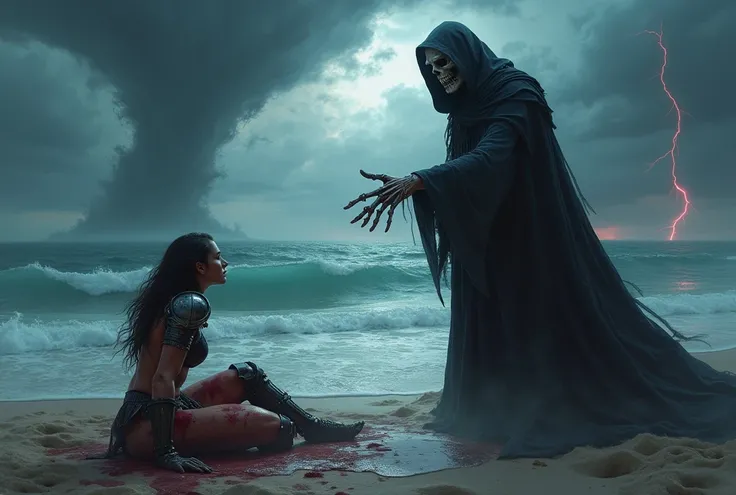 ((masterpiece)) ((photography)) ((Highest quality))  An ultra-detailed digital illustration of Death as a grim reaper with a dark cloak, holding out a skeletal hand to a wounded female gladiator lying on the shore of a stormy beach. The backdrop features a...