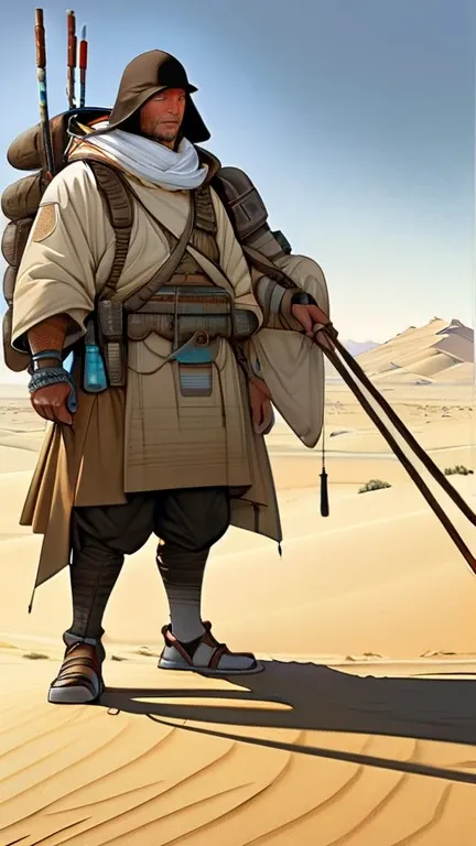 concept art, arafed man with a backpack and a stick in the desert, travis charest style, travis charest, moon bull samurai, beeple and jean giraud, greg beeple, in travis charest style, desert nomad, cultist, arabian samurai, samurai jedi, desertpunk, port...