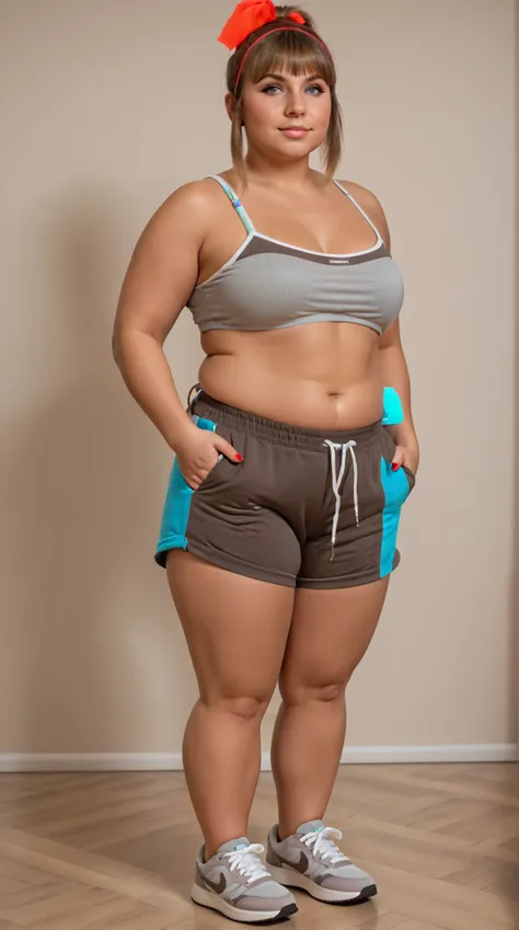 Woman, 22 years old. 5ft 11in tall. 200lbs. Light brown hair, bangs brushed to side, short ponytail. Blue eyes. Tan skin. Chubby but toned, firm thighs. Wide hips, wide shoulders. Enormous breasts bulging out of undersized top. Tight sweatpants that are to...