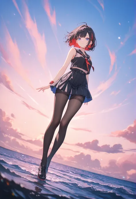 1girl,solo,black hair,multicolored hair, red hair,bob cut,blue eyes,black tops,sleeveless,pleated skirt,mini skirt,pantyhose,black shoes,blue sky,clear sky,vibrant colors,  with cinematic lighting and a cinematic angle,
