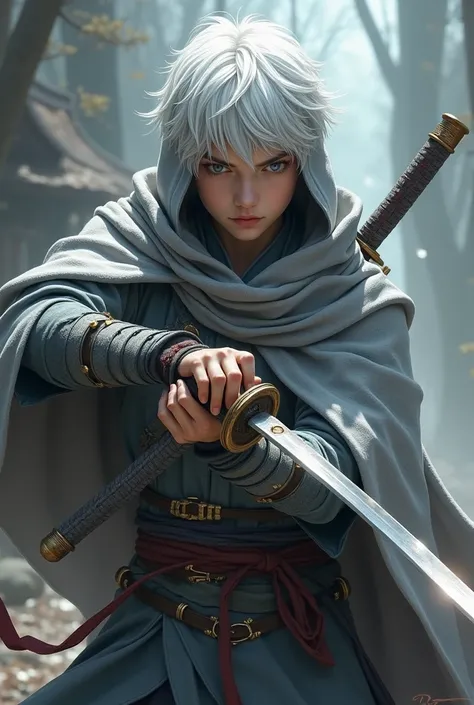 warrior, Masculine, Young, 18 years old,  face lisa ,  Wear a gray cover  ,  Wear a hood on your head ,  short white hair ,   with a nodachi in hand  ,   dynamic front view, Godslayer ,