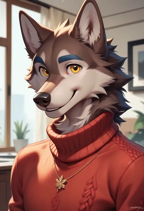 slim wolf, (((wolf))), canid, furry, (slim, thin), ((brown fur)), (big eyes, yellow eyes), male, long snout, black nose, (((focus on face))), (blue eyebrows), ((thick fur)), ((looking at the viewer, smiling)), ((slim neck)), purple sweater, (((indoors)))