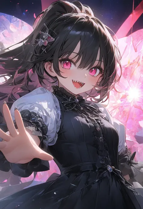 woman((Blood:1.2),,青whiteい肌,( wicked smile:1.3),  Open Your Mouth , Sharp teeth,hair(black, ponytail,  Details,Sparkling),hairclip(black),Close(,black,white, Lolita Fashion ), skirt(black, short),Tea Belt,Corners of the Eyes(light blue),(Narrow eyes( grey)...