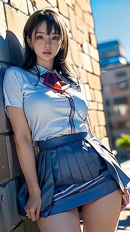 ( one woman),( Japanese ),( Woman in uniform:1.5),( miniskirt:1.5),((( skirt flip:1.5))),((  Listed  :1,5)),(Front:1.5),( beautiful eyes),( beautiful faces),((  embarrassing looks :1.5)),( very detailedな顔:1.5),(( very detailedな手の描画:1.5)),( blanking in the ...