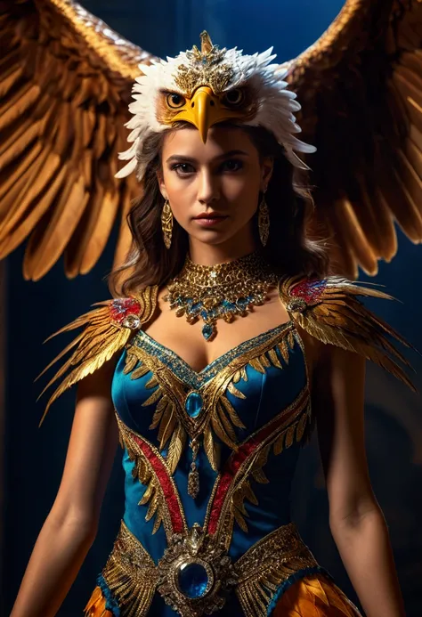 (Ultra 4K),Eagle head harpy , body of a young and sexy woman , beautiful and elegant dress of an empowered and sexy queen