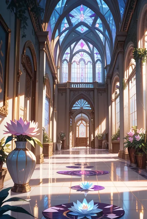  Make a corridor out of a maze made of grass with purple crystal lights with a white crystal floor, So it has a fork and a dead end with a vase containing a lotus flower .