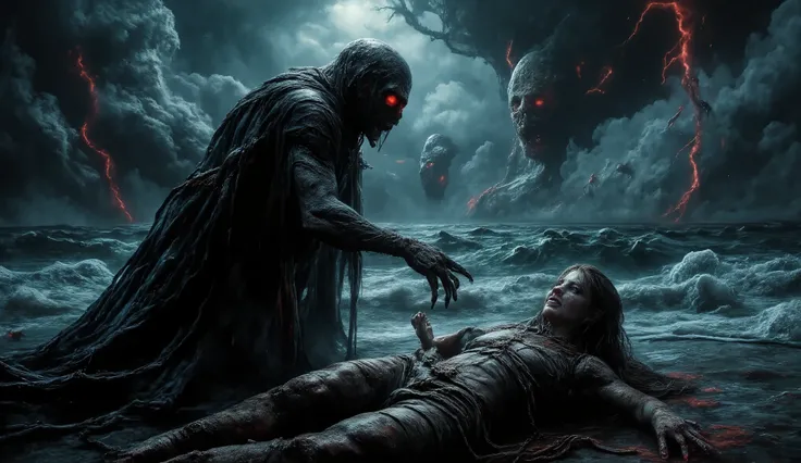 ((masterpiece)) ((photography)) ((Highest quality)) An ultra-detailed digital illustration of Death as a grim reaper with a dark cloak, holding out a skeletal hand to a wounded female gladiator lying on the shore of a stormy beach. The backdrop features a...