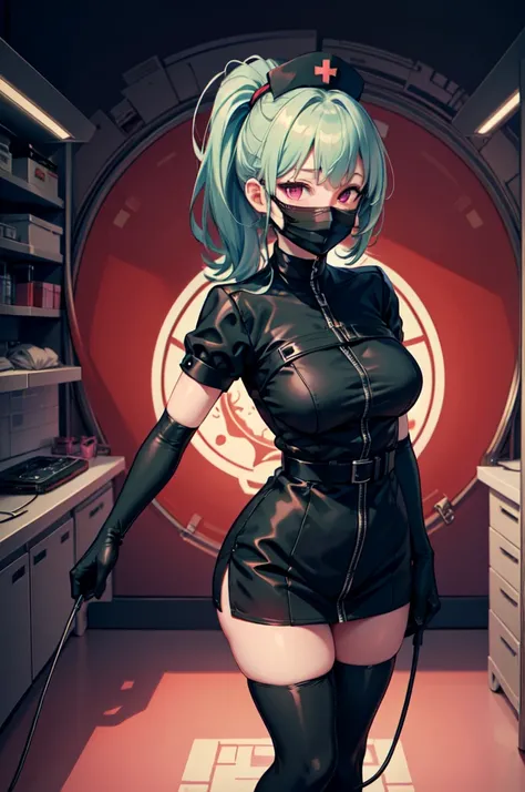 black nurse, 1girl, solo, black nurse cap, black nurse uniform, ((black legwear, zettai ryouiki)), black elbow gloves, ponytail, green hair, pink eyes, ((black surgical mask, covered nose)), standing, ((surgery room)), sharp outline, short sleeves, best qu...