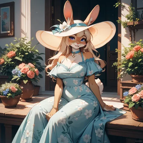 rabbit, furry,  big boobs, long floral dress, neckline