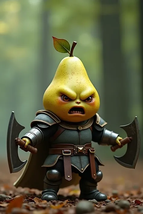 A realistic cinematic image of an angry anthropomorphic pear
 baby, with a cute little face, anthropomorphic in battle wearing armor and holding two axes, in a fantasy style. The background shows the forest floor, UHD, 4K. Part 1 of the Series: Create anim...