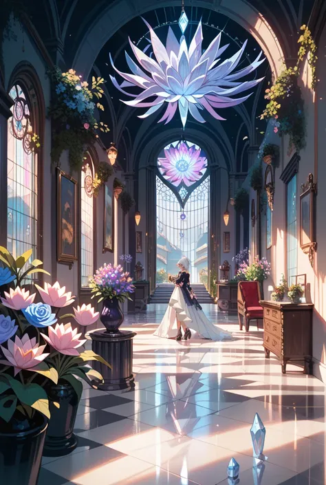 Make a corridor out of a maze made of flowers and square grasses with purple crystal lights with white crystal floors, So it has a fork and a dead end with a vase containing a lotus flower . high resolution, Necessary, 