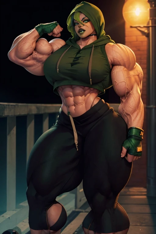 ((Close-up)), tall, (green hair) beautiful muscular woman, long curvy hair, brown skinned, (smirking), ((black lipstick)), (massive muscles), (hyper muscle), (ginormous bulky muscles), orange eyes, ((((sleeveless cropped hoodie)))), (((exercise pants))), c...