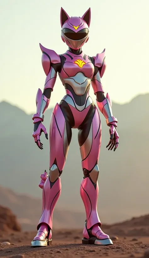 Hyper-realistic full-body cinematic image of a humanoid hybrid robot created from a mix of the Pink Power Ranger and a cute dog. The character features sleek metallic armor in pink and silver, with softly glowing yellow accents. This hybrid incorporates do...