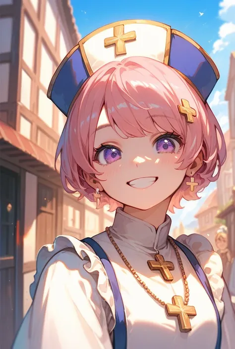 masterpiece, best quality, ultra detailed, a girl, priest, smiling, looking at viewer, short hair, pink hair, purple eyes, in the village, in the afternoon, cute, kawaii, anime, upper body