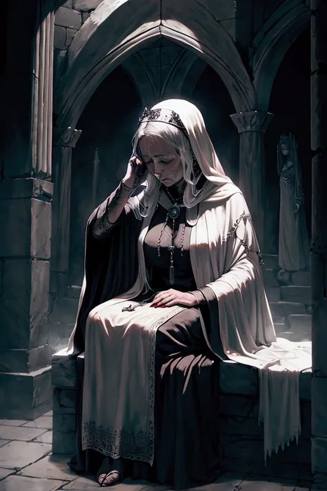 medieval dark fantasy, old hag priestess of the godess of death in white robes, old woman, priestess of the goddess of death, in a greek like temple, in the night