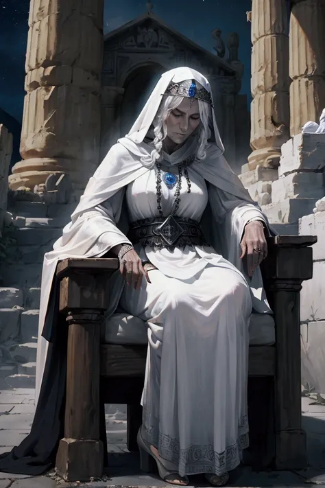 medieval dark fantasy, old hag priestess of a greek-like godess of death in white robes, old woman, priestess of the goddess of death, outside of a greek temple in the middle of the night