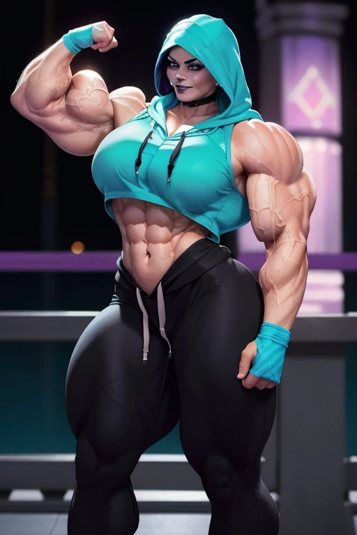 ((Close-up)), tall, ((cyan hair)) beautiful muscular woman, long hair, white skinned, (smirking), ((black lipstick)), (massive muscles), (hyper muscle), (ginormous bulky muscles), purple eyes, ((((sleeveless cropped hoodie)))), (((exercise pants))), choker...