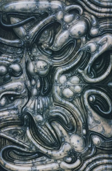 H. R. Gigers g1g3r, Giger_style, The image is detailed view of H.R. Gigers " landscape no 312 " plate, featuring . The artistic manner would be unmistakably Gigeresque. A dark and unsettling beauty would permeate the piece, blurring the lines between fasci...