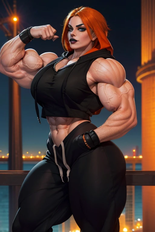 ((Close-up)), tall, (orange hair) beautiful muscular woman, long shaggy hair, white skinned, (smirking), ((black lipstick)), (massive muscles), (hyper muscle), (ginormous bulky muscles), green eyes, ((((sleeveless cropped hoodie)))), (((exercise pants))), ...