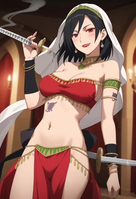 dtbshaozi, best quality, masterpiece, uncensored,1girl, solo,tsurime,black hair,stomach tattoo, midriff, medium hair, large breasts, navel, earrings,  medium breasts, bracelet, red eyes, necklace, makeup,lipstick,  dual wielding, , ear piercing, long hair,...