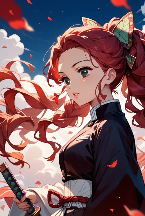 Create a girl in the uniform of a hashira from Kimetsu no Yaiba with a haori of crimson clouds With a black katana and her crimson hair with black eyes green and the other in red a bow accessory in her hair