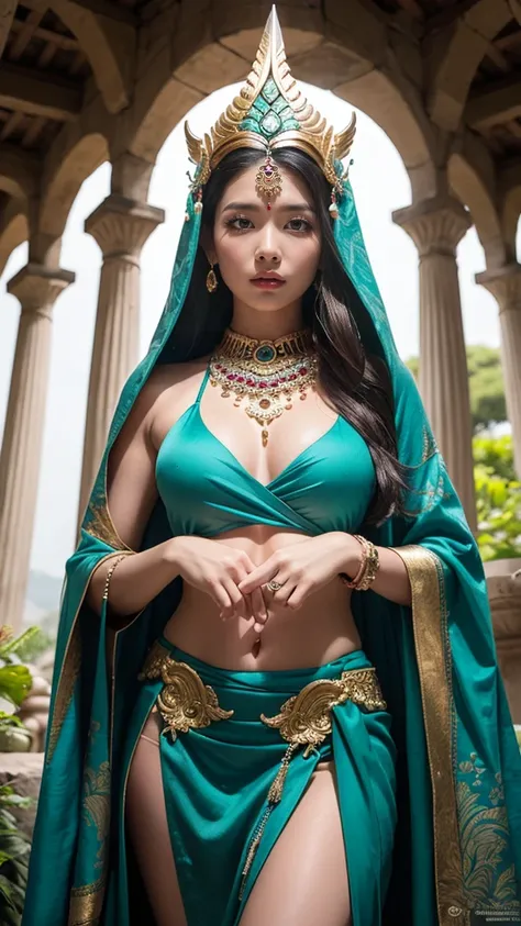 ④  
"Create a hyper-realistic depiction of a Naga, a mythical serpent-human hybrid from Southeast Asian and Indian mythology. The Naga is portrayed as a striking, regal female figure with an intricate headdress resembling ancient temple architecture, adorn...