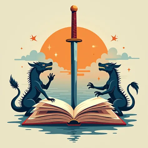  Minimalist design that combines an open book  (  representing stories and creativity )  with cultural elements such as a stylized and ancient katana . With mythological creatures around .  with bluish and orange colors that express reflection and creative...