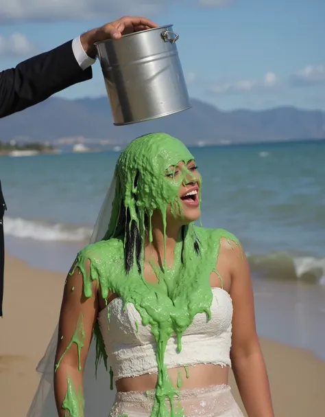 Wedding photograph. Peruvian teen covered in green water. Photorealistic. Wet liquid. Nasty slime. Raw photo. Wearing white wedding dress. Wearing wedding veil. Cleavage. outside tropical beach. Hawaii. Green Slime. Dripping green goo. 18 years old. Wet gr...