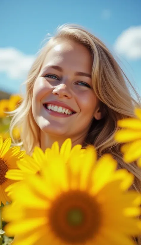 photo of woman,realistic,professional photography, (Facial closeup, Close up on the face to capture the natural smile and the lively expression in the eyes:1.2),Sunny Day in a Flower Field,The sun shines brightly in a clear blue sky, dotted with a few whit...