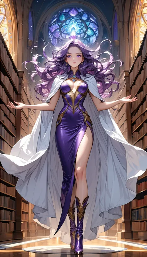 picture of a sorceress casting a spell in magical library, exquisite beautiful woman, dynamic hair color, dynamic hair style, ((full body shot: 1.5)), (ultra detailed face: 1.2), best detailed face, high details, best quality, 16k, ((purple dress: 1.2)), (...