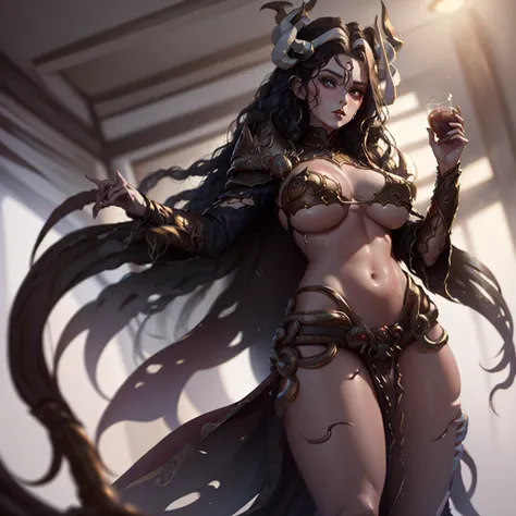 Create an image of the most stunningly gorgeous beautiful kijin, Stunningly gorgeous perfect face,  perfect makeup, detailed perfect silky smooth skin texture, detailed hour glass body figure, very long styled hair,  (black kijin armor spiked), ((underboob...