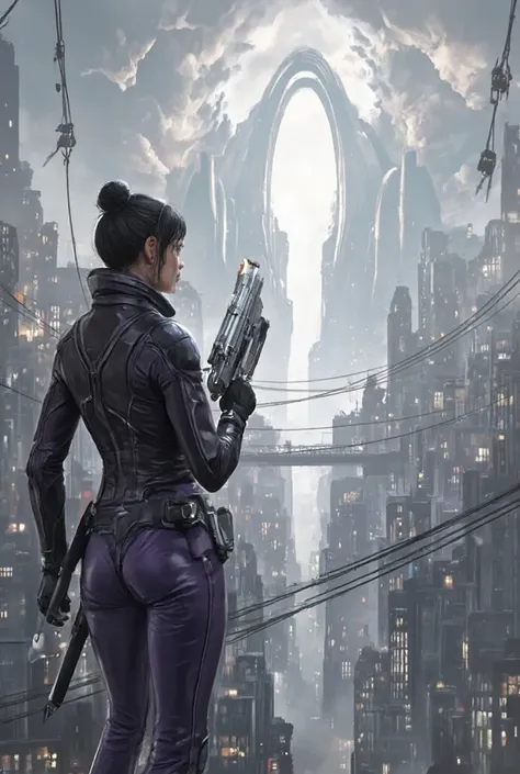  In a vertiginous city , cyberpunk, gray, ( an assassin armed with a silver biomechanical gun {x} woman with thick black hair tied with a Onion, with a wick ,)  Wearing a full-body tactile suit , des lignes arrondir et  organic .  Face harden , (oval face,...