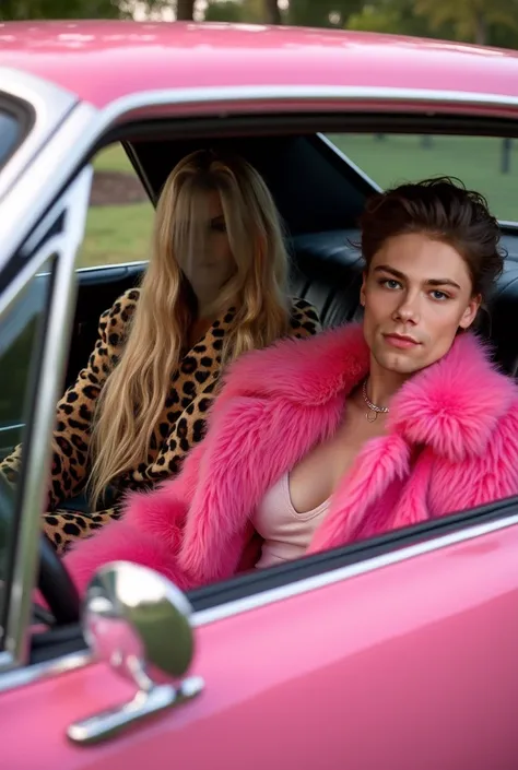 let this long-haired blonde with a septum in a pink oversized fur coat sit in a pink car with a black-haired girl in a leopard coat