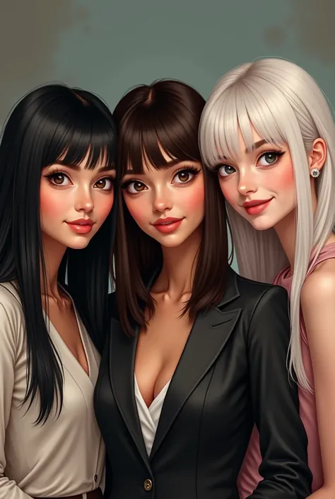 Three friends a brunette with black hair, straight blackhaired hair ,And one with brown white hair