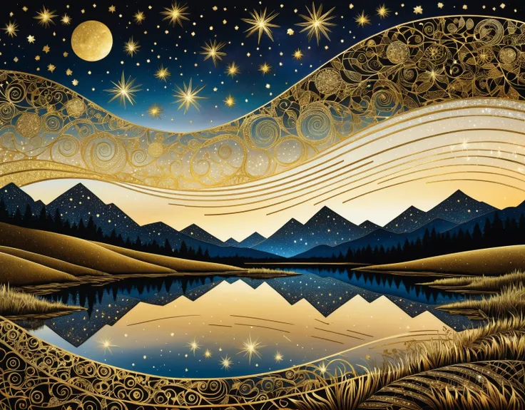 (best quality, highres, ultra sharp), gold tones, stars full sky, zentangle lanscape, Gold Leaf Art