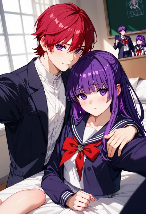 (((Selfie ,two shot,teen couple,red hair boy and violet hair girl,))), break,Fern, (((teen girl,violet_hair,sailor uniform))) ,break, Stark,(Sousou no Frieren), (((teen boy,red_hair))) ,(Sousou no Frieren),  (((school uniform,on the bed ,shy,enjoy))) ,Extr...