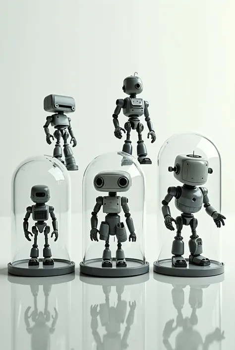 5 mini robots, all have different physical appearance, all have same black an white colour, closed in spherical glass