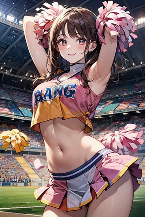  1 girl,  Japanese , ,  white skin,  medium breasts, View the view, (smile:1.5), 
 beautiful detailed eyes, (middle hair:1.4,  split bang ,  straight hair :1.7), (belly button:1.1), Brown Hair,
( current cheerleader style in pink:1.5),  sports top with ora...