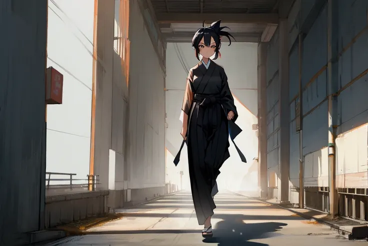 A female character wearing a hakama suit is walking forward along the path, standing far away.