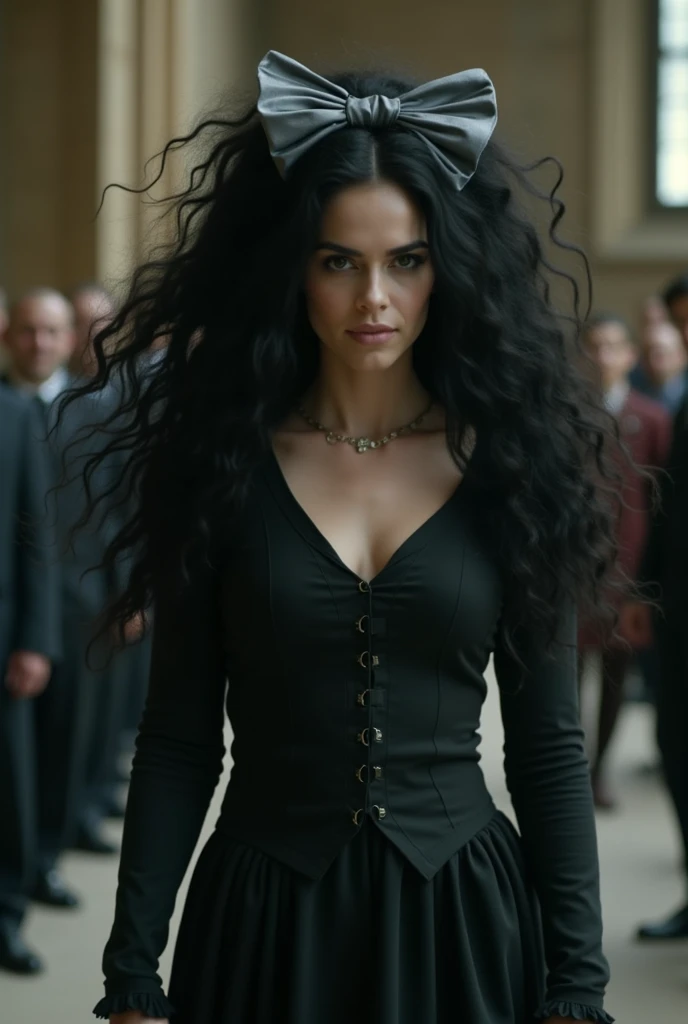 Delphini entered with a haughty expression, but it was her appearance that caused the real shock. Her black hair, which normally hung straight, was now an exact copy of Bellatrix Lestranges wild, chaotic coiffure: jet-black locks held back by a silver bow ...